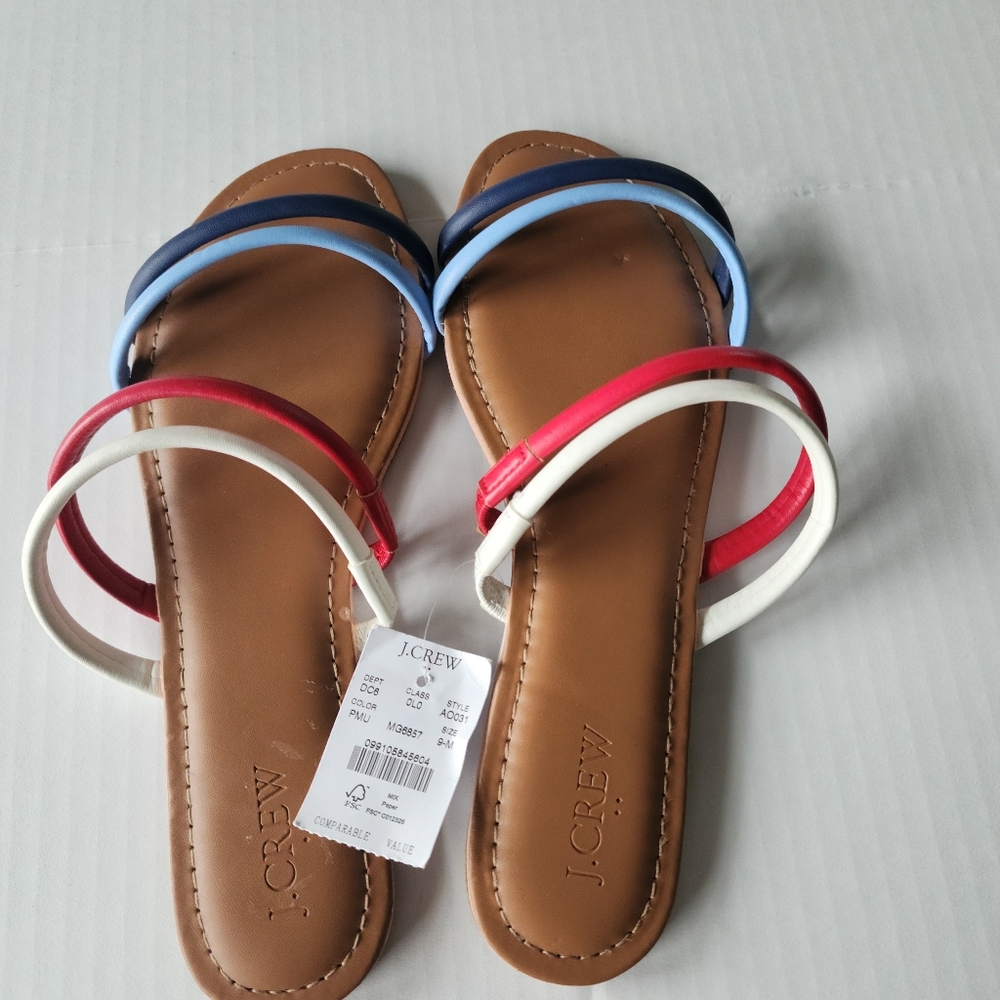 J. Crew Multicolor Strappy Flat Sandals - Red, White,  Blue, Size 9